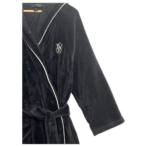 Victorias Secret Robe Womens Medium Large Black Hoodie Logo Embroidered Belted - Picture 6 of 13